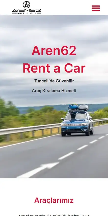 Aren62 Rent a Car sitesinin mobil görünümü