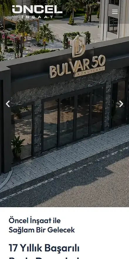 Öncel İnşaat sitesinin mobil görünümü