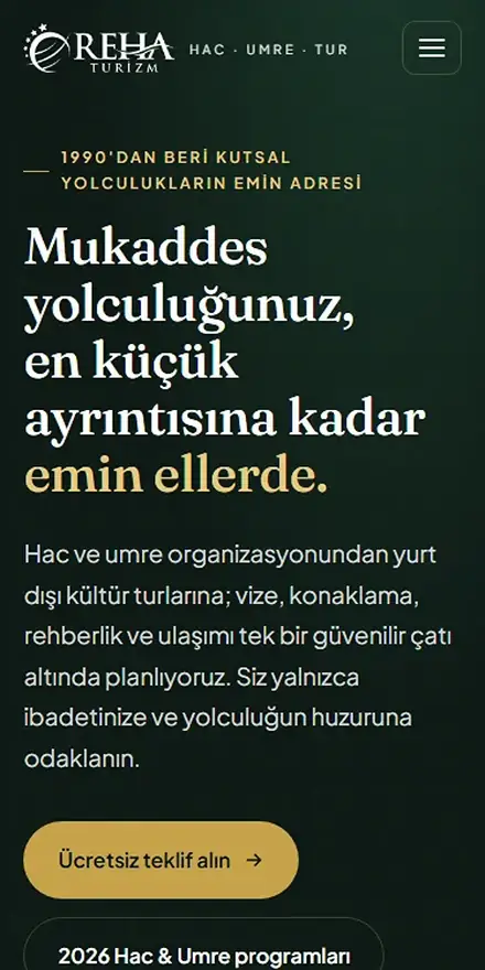 Reha Turizm sitesinin mobil görünümü