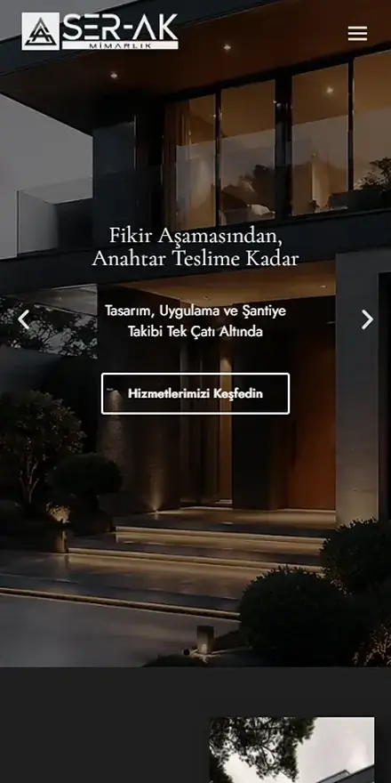Serak Mimarlık sitesinin mobil görünümü